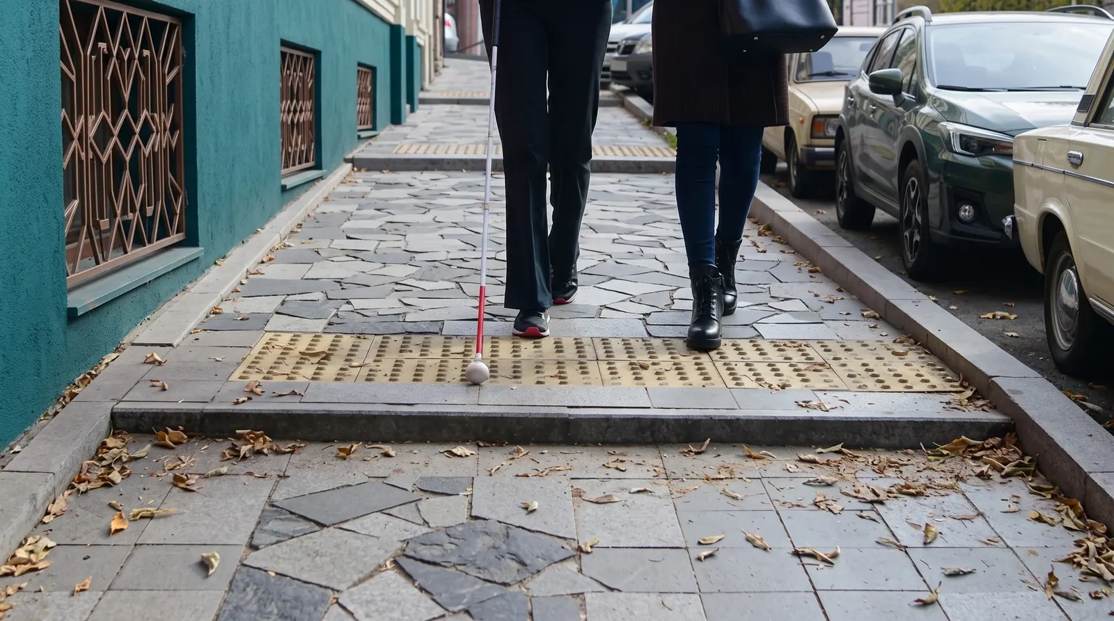 Adult using a white mobility cane to cross a street with tactile paving