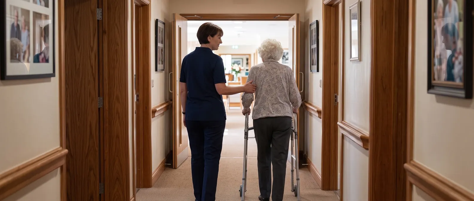 Caregiver assisting a senior resident using a walker in a facility hallway