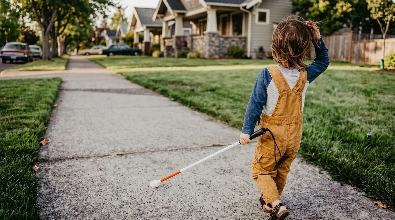 A young child using a white cane while walking down a neighborhood sidewalk